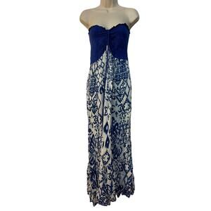 Raviya Elastic Band Tube Top Blue White Maxi‎ Dress with Halter Tie Small